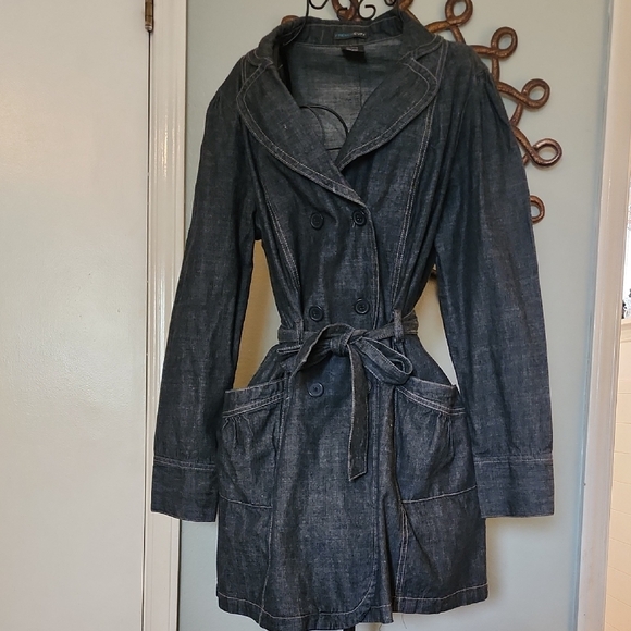 French Cuff Jackets & Blazers - French Cuff Blue Demin Jeans Cotton Belt Pocket Trench Coat Jacket Women's Sz L